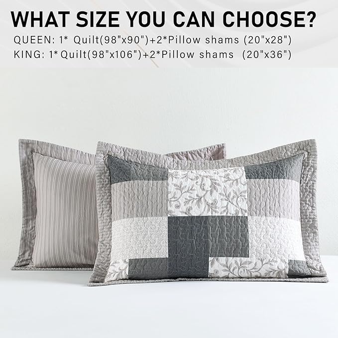 PERHOM Queen Size Quilt Set, 3 Pieces Queen 100% Cotton Quilted Comforter Set with 2 Pillow Shams, Farmhouse Plaid Botanical Pattern, Lightweight Reversible Coverlet Bedspread, Charcoal/Khaki/Beige