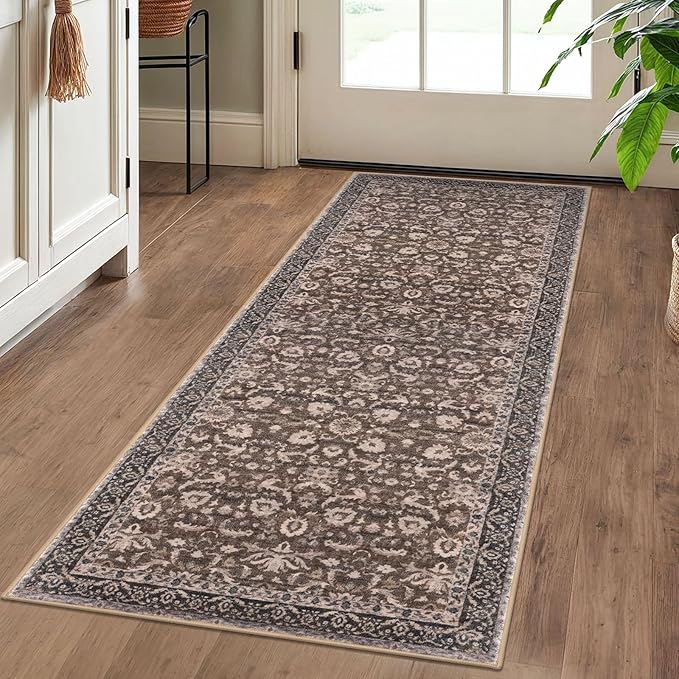 Vintage Floral 2x5 Runner, Mocha Brown Washable Hallway Runner, Non-Slip Kitchen Runner, Super Soft Thin Printed Faux Wool Carpet for Entryway, Front Door, Backdoor Bedside