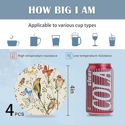 Coasters for Drinks,Vintage Birds and Butterflies Absorbent Coaster Set of 4 with Cork Base,Ceramic Drink Coasters for Cold Drinks Wine Glasses Cups Mugs,Housewarming Gifts for Home Decor