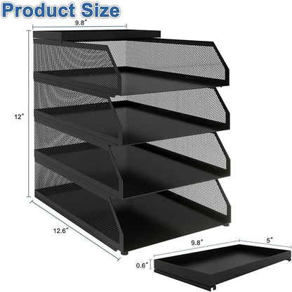 Natwind 4-Tier Desk Organizer,Stackable Paper Tray, Desk Accessories,Metal Mesh Desktop Organizer, Paper Sorter, Letter Trays,File Document Storage Rack for for Home, Office, School (Black)