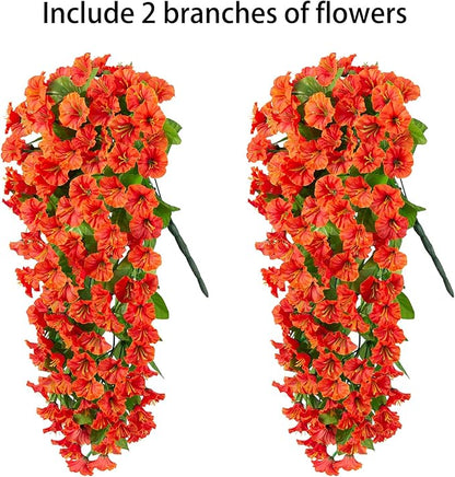 HyeFlora Artificial Fake Hanging Flowers Plants for Outdoor Outside, 2PCS Faux Silk Orange Morning Glory Trailing Vines UV Resistant Look Real for Home Planter Porch Patio