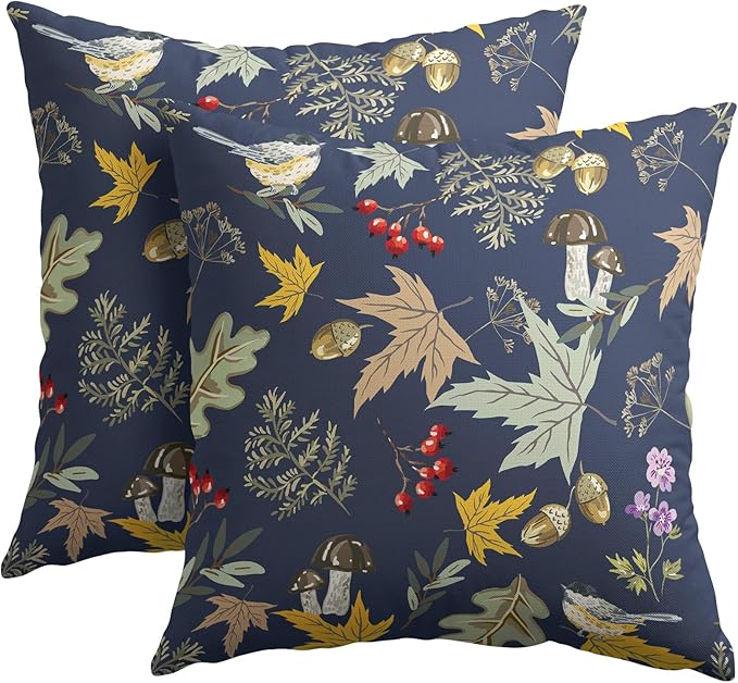 Bird Fall Pillow Covers 20x20 Set of 4 Navy Autumn Leaf Animal Print Pillow Cases Mushroom Acorns Pattern Outdoor Decorative Holiday Cushion Cover Rustic Decoration Farmhouse Home Sofa Couch Bed Decor