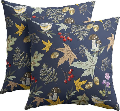 Bird Fall Pillow Covers 16x16 Set of 2 Navy Autumn Leaf Animal Print Pillow Cases Mushroom Acorns Pattern Outdoor Decorative Holiday Cushion Cover Rustic Decoration Farmhouse Home Sofa Couch Bed Decor