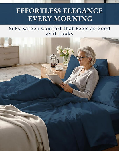 LANE LINEN 100% Egyptian Cotton Bed Sheets Full Size - 1000 Thread Count, Long Staple Mercerized Cotton Bedding Sheets, Luxury Hotel Like Thick 15" Deep Pocket, Reinforced French Seams - Estate Blue