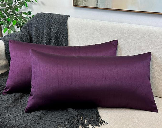 Aiking Home 12x24 Inches Faux Silk Rectangular Throw Pillow Cover, Zipper Closure, Eggplant (Set of 2)