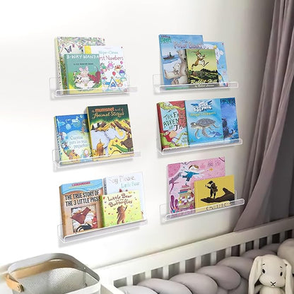 upsimples 10 Pack Clear Acrylic Shelves, 1.7" x12" Clear Wall Shelves for Nail Polish, Vinyl Wall Mount, Record Holder, Magazine Rack, Comic Display, Picture Ledge Shelf Décor