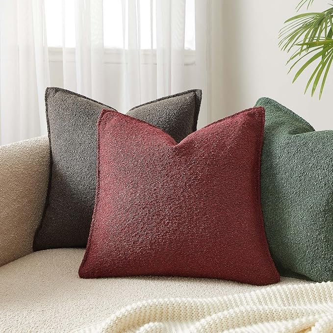 JUSPURBET 24x24 Throw Pillow Covers Set of 2 Decorative Pillow Covers for Couch Sofa Bed Cozy Boucle Textured Cushion Covers Cases with Invisible Zipper for Living Room Home Decor,Burgundy