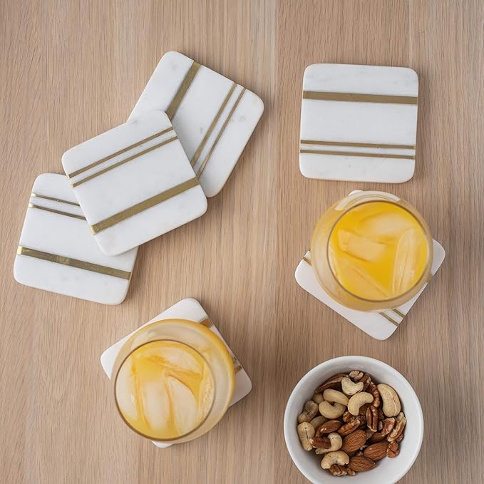 Cork & Mill Marble Coasters Set of 6 - Real Natural Stone - Luxury Aesthetic Square Coasters - Neutral White Marble with Gold Brass Inlay - Semi Absorbent Stone