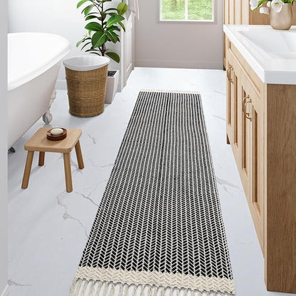 Lahome Boho 2x7 Hallway Runner Rug, Bathroom Runners Lightweight Entry Woven Cotton Black Runner Rug with Tassels, Farmhouse Door Mats Indoor Low Pile Carpet for Laundry Room Decor
