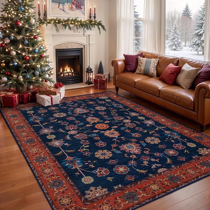 Tangsoo Floral Area Rug 5x7 Machine Washable Red Blue Rug Non-Slip Vintage Distressed Boho Print, Low Pile Carpet for Living Room, Bedroom, Dining Room, Pet & Child Friendly (Red Blue)