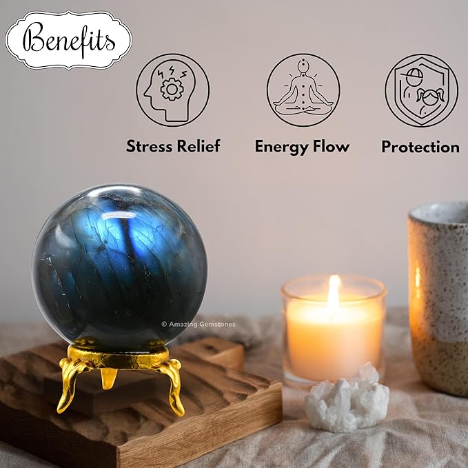 Amazing Gemstone Labradorite Crystal Ball with Stand - 1.5 Inches Crystal Sphere Meditation Balls for Witchcraft and Decorative Balls