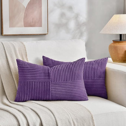 Fancy Homi 2 Packs Purple Lumbar Decorative Throw Pillow Covers 12x20 Inch for Living Room Couch Bed, Farmhouse Boho Home Decor, Soft Striped Corduroy Rectangle Accent Cushion Case 30x50 cm