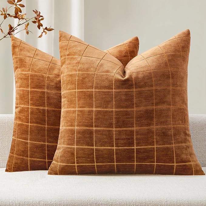 MIULEE Decorative Chenille Check Throw Pillow Covers Vintage Plaid Couch Pillows 20x20 Inch Set of 2 Neutral Boho Farmhouse Cushion Covers Modern Spring Home Decor for Sofa Bed Living Room Bronze