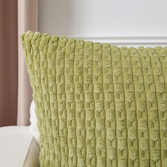 Kevin Textile Spring Decorative Pillow Covers Set of 2 Striped Plush Corduroy Pillows Pillowcases Boho Home Decor Cushion Covers for Couch Sofa Bed Living Room 20x20 Inch, Grass Green