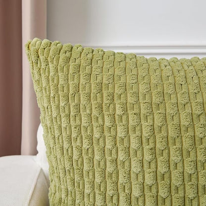 Kevin Textile Decorative Pillow Covers Set of 2 Striped Plush Corduroy Pillows Pillowcases Boho Home Decor Cushion Covers for Couch Sofa Bed Living Room 16x16 Inch, Grass Green
