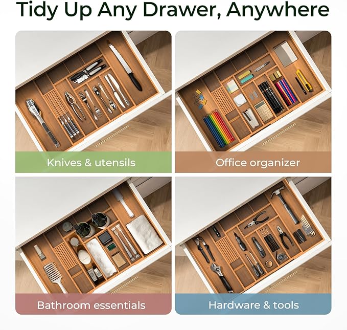 Carbonized Large Bamboo Kitchen Drawer Organizer, 12 Slots Expandable Silverware Organizer, Utensil Holder & Cutlery Tray, 2.5" Deep for Extra Capacity, Non-Slip Feet Included