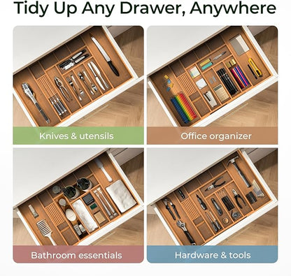 Carbonized Large Bamboo Kitchen Drawer Organizer, 12 Slots Expandable Silverware Organizer, Utensil Holder & Cutlery Tray, 2.5" Deep for Extra Capacity, Non-Slip Feet Included