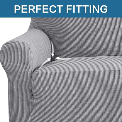 H.VERSAILTEX Stretch Slipcovers for Sofas 1 Piece Couch Cover for Dogs Washable 3 Cushion Couch Covers for Sofa Feature Thick Checked Jacquard Fabric with Elastic Bottom, Sofa Large - Dove