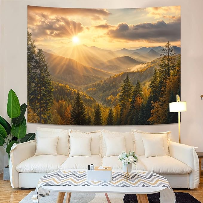kampdream Landscape Tapestry, Scenery Art Wall Tapestries, Nature Wall Decor for Bedroom Living Room Backdrop Warm Sunset Mountain 60×80 inches