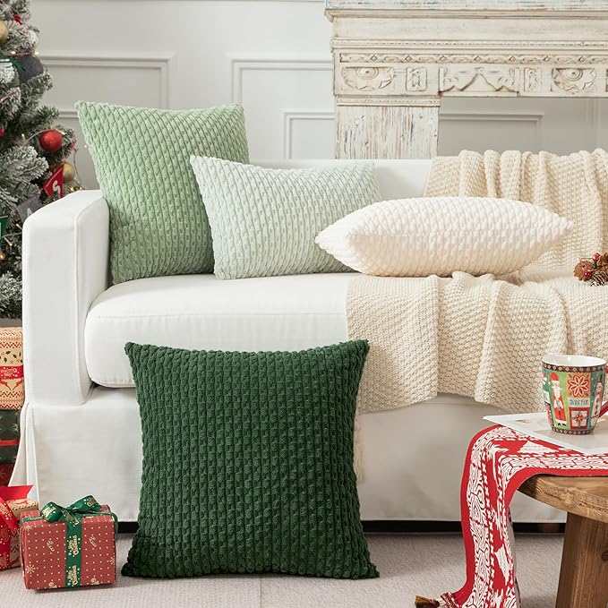Kevin Textile Decorative Throw Pillow Cover Striped Corduroy Plush Texture Velvet Euro Cushion Cover for Bed 24 x 24 Inch (60cm) Set of 2 Cream