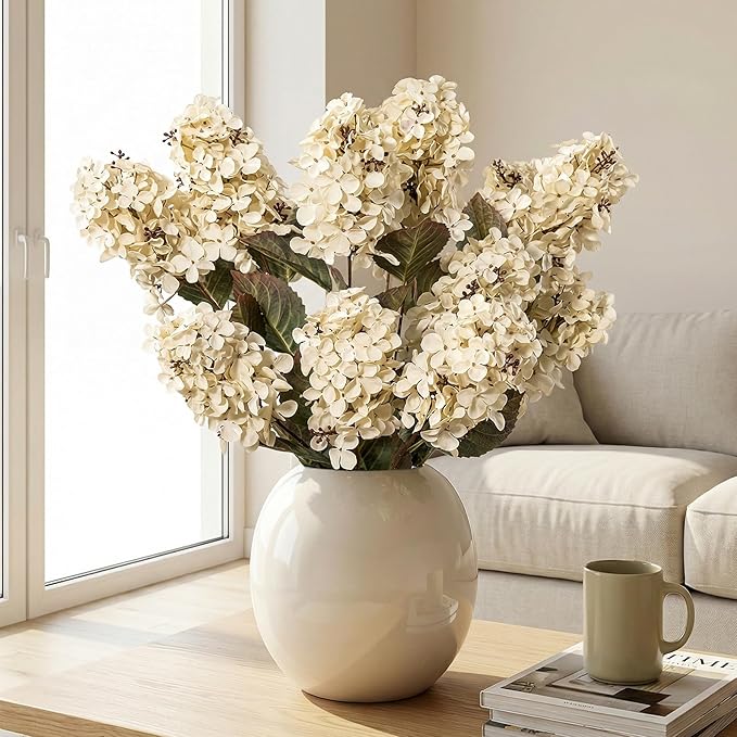 Hydrangea Artificial Flowers,Fall Hydrangeas Artificial Flowers, Fake Fall Dried Hydrangea Decoration,Faux Silk Flower with Stems Winter Decor Without Vase（Cream White 8PCS
