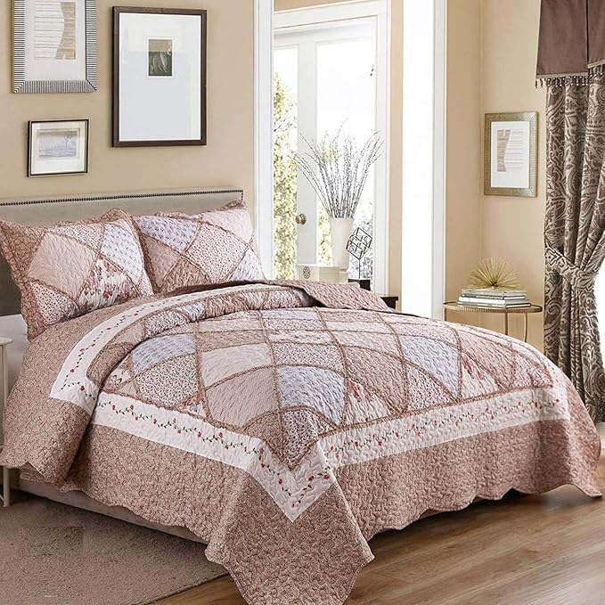 VIVILINEN Queen Size Quilt Set 3-Piece Light Pink Floral Patchwork Reversible Quilted Bedspread Coverlet Set Lightweight Comforter Bedding Set Bed Sheet Set Cover Blanket with 2 Pillow Shams