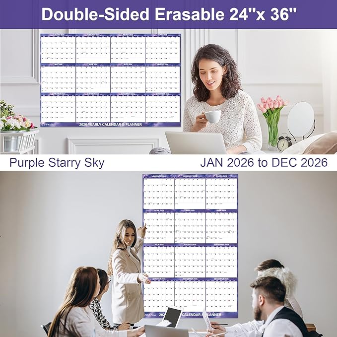 24" x 36" 2026 Wall Calendar Dry Erase - Folded Large Starry Sky Wall Calendar 2026, Wet & Dry Erasable, Laminated 12-Month Annual Yearly Planner, Reversible, Horizontal/Vertical, Purple