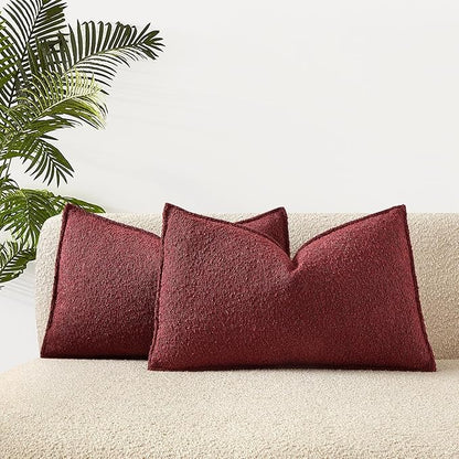 JUSPURBET 14x24 Throw Pillow Covers Set of 2 Decorative Pillow Covers for Couch Sofa Bed Cozy Boucle Textured Lumbar Cushion Covers Cases with Invisible Zipper for Living Room Home Decor,Burgundy