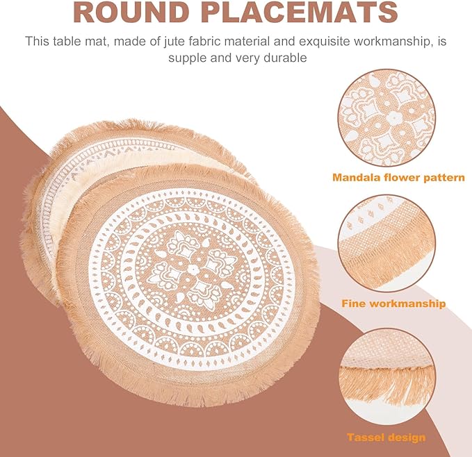 3pcs Round Tassel Placemats Set, Woven Jute Fabric Heat-Resistant Dining Table Mats, Boho Style Table Decor for Indoor Kitchen and Farmhouse Use