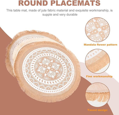 3pcs Round Tassel Placemats Set, Woven Jute Fabric Heat-Resistant Dining Table Mats, Boho Style Table Decor for Indoor Kitchen and Farmhouse Use