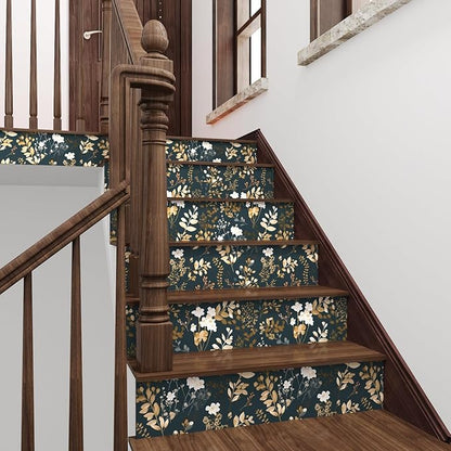 Navy Floral Wallpaper Peel and Stick Boho Wallpaper Vintage Blue/Gold Leaf Contact Paper Waterproof Self Adhesive Modern Wall Paper for Cabinet Walls Kitchen 17.5in x118in