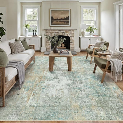 8x10 Washable Area Rug Teal Beige Abstract Living Room Bedroom Carpet Neutral Modern Non-Slip Soft Low Pile Lightweight Vacuumable Large Throw Rug for Dining Room