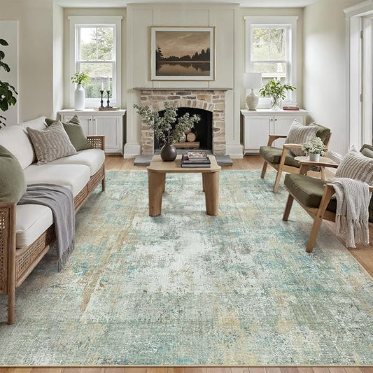 8x10 Washable Area Rug Teal Beige Abstract Living Room Bedroom Carpet Neutral Modern Non-Slip Soft Low Pile Lightweight Vacuumable Large Throw Rug for Dining Room