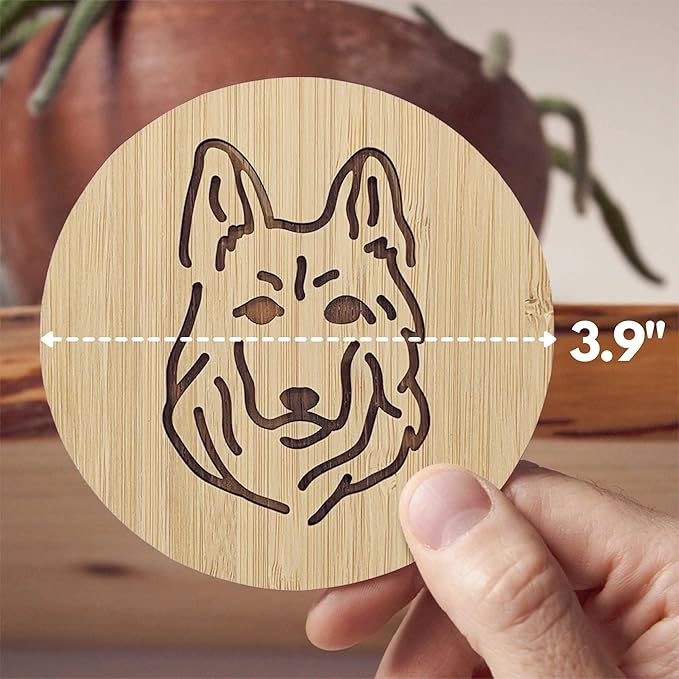 Set of 6 Bamboo Laser-Engraved Fun Dog Coasters with Iron Holder - Gift Packaging 3.9 Inch Non-Stick Absorbent Durable and Unbreakable Wooden Cup Coasters for Dog Lovers (German Shepherd)