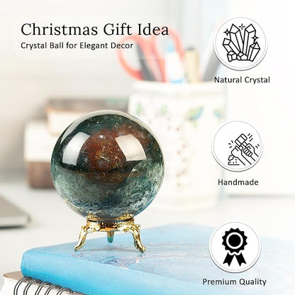 Crocon 50mm Green Blood Stone Sphere Ball with Metal Stand 1400+ Carats Gemstone Ball Healing Sphere Sculpture Figurine for Fengshui Divination Home Decoration Photography Crystal Sphere