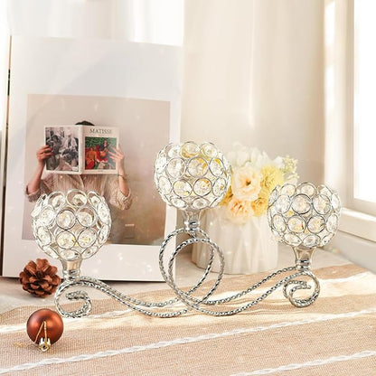 Silver 2 Pcs-3Arm Metal Crystal Tea Light Candle Holder, Elegant Wedding Table Centerpiece Candle Holder, Christmas Wishing Crystal Bowl Candle Holder Suitable for Wedding Party Living Room Decoration