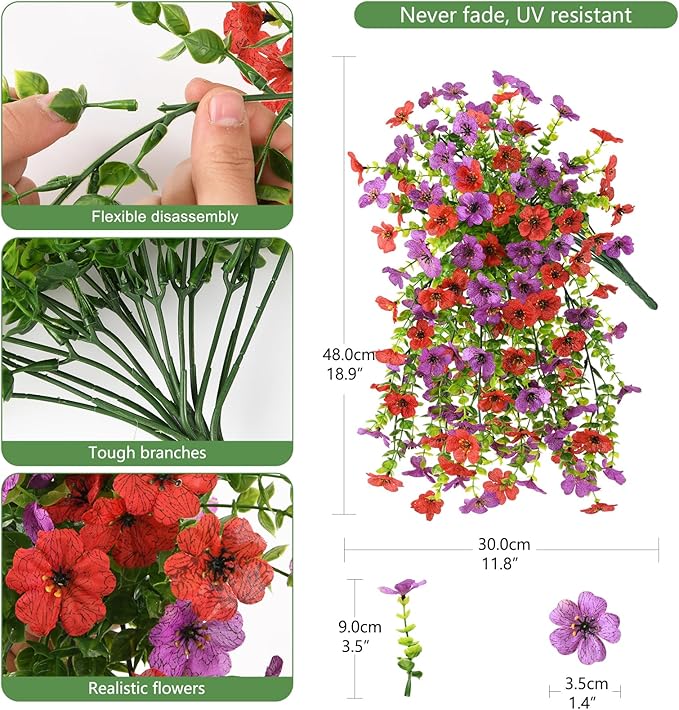 INQCMY 2Pcs Artificial Fake Hanging Flowers for Outdoors UV Resistant Artificial Plants for Spring Summer Decor Look Real Faux Flowers for Outside Home Planter Porch Patio Decor