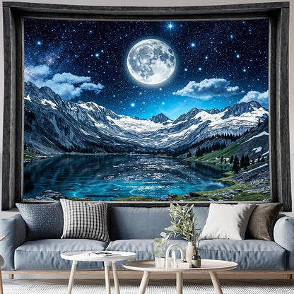 Lifeel Fantasy Mountain Lake Tapestry, Snowy Peaks Moon Landscape Window Tapestries, Living Room Bedroom Decoration, 60x80 inches