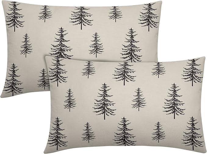 Christmas Tree Lumbar Pillow Covers 12x20 Set of 2 Black Xmas Vintage Winter Print Decorative Outdoor Linen Throw Pillows Cases Cushion Cover Rustic Holiday Decoration Farmhouse Sofa Couch Bed Decor