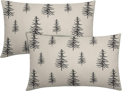 Christmas Tree Lumbar Pillow Covers 12x20 Set of 2 Black Xmas Vintage Winter Print Decorative Outdoor Linen Throw Pillows Cases Cushion Cover Rustic Holiday Decoration Farmhouse Sofa Couch Bed Decor