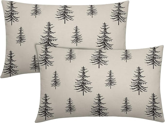 Christmas Tree Lumbar Pillow Covers 12x20 Set of 2 Black Xmas Vintage Winter Print Decorative Outdoor Linen Throw Pillows Cases Cushion Cover Rustic Holiday Decoration Farmhouse Sofa Couch Bed Decor