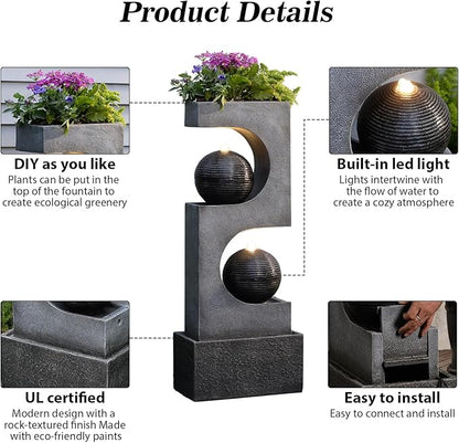 46''H Outdoor Water Fountain with LED Light, Modern Sphere Floor Waterfalls Fountains Indoor for Garden Patio Yard Deck Home Decor Lawn Porch House