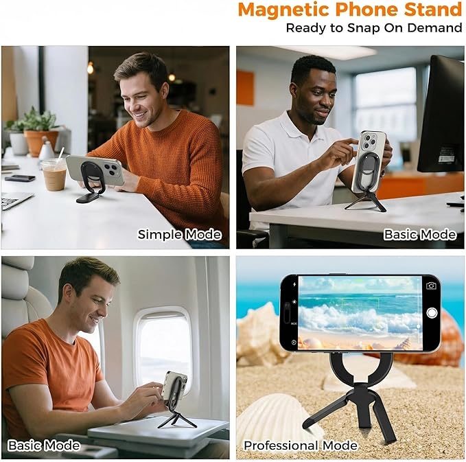 [2025 New] FUVALY Magnetic Phone Grip for MagSafe Phone Tripods 4-in-1 Desk Stand, Phone Ring Holder for iPhone 17/16/15/14 Pro&Android (Black)