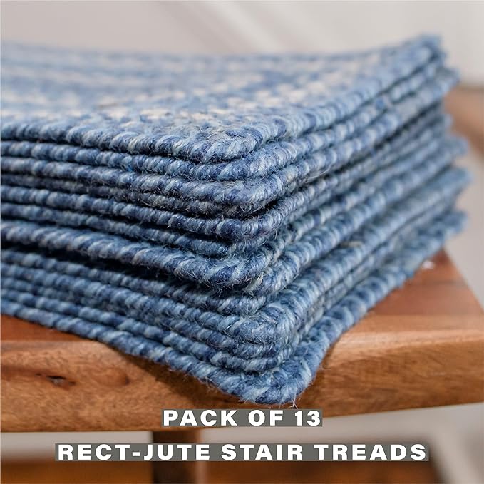 Homespice Denim Jute Braided Stair Treads for Wooden Steps, Country Coastal Decor, Set of 13, Blue 8x28 Rectangle Rugs for Stairs - Easy to Clean, Tightly Stitched and Durable
