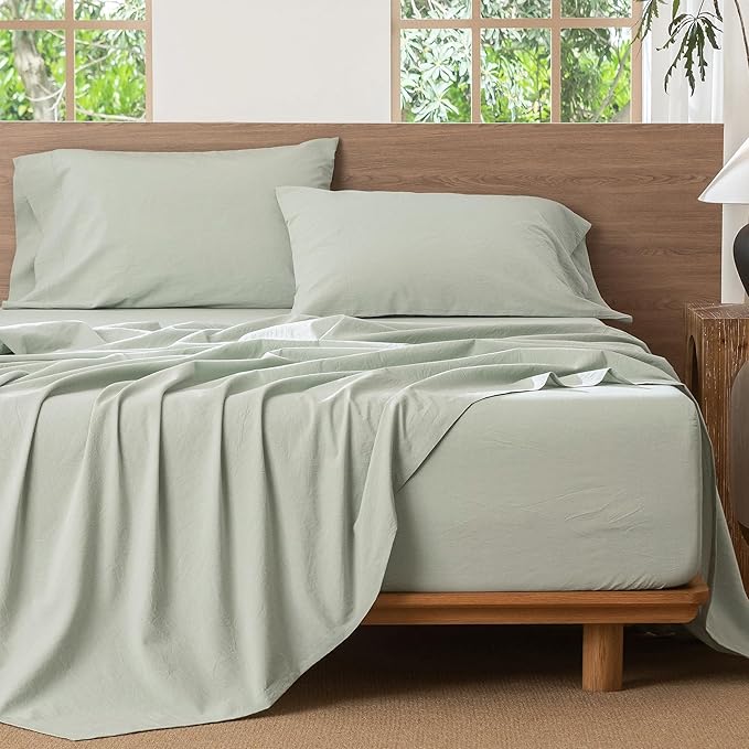 MooMee Bedding Sheet Set 100% Washed Cotton Linen Like Textured Breathable Durable Soft Comfy (Heathered Sage Green, Queen)