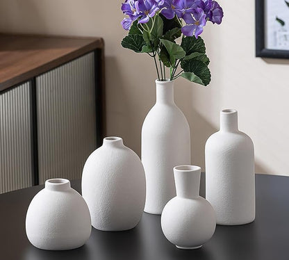 White Ceramic Flower Vase Set of 5, Modern Farmhouse Decorative Vases for Bookshelf, Dining Room Coffee Console Table Centerpieces