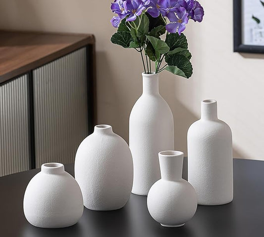 White Ceramic Flower Vase Set of 5, Modern Farmhouse Decorative Vases for Bookshelf, Dining Room Coffee Console Table Centerpieces