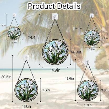 Stained Glass Window Hanging, White Green Lily of The Walley Flowers Sun Catcher for Door Home Decor Plants Suncatcher Christmas Mother's Day Birthday Gifts for Women Men Mom Nana 15 in