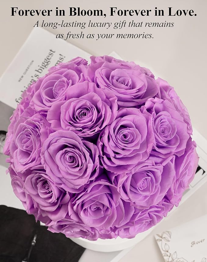 Preserved Roses Dome in a Box, Forever Real Roses Decor, Eternal Flowers for Delivery Prime, Best Gifts Birthday, Wedding, Anniversary, Mother's Day, Christmas for Her, 18-Pieces (Light Purple)