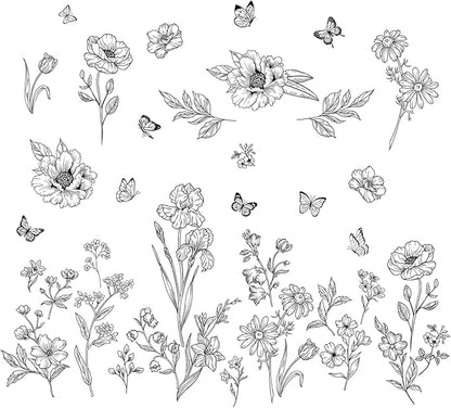 Boho Black Flower Wall Decals Wildflower Butterfly Simple Sketch Wall Stickers Removable Wall Art Decor for Living Room Bedroom